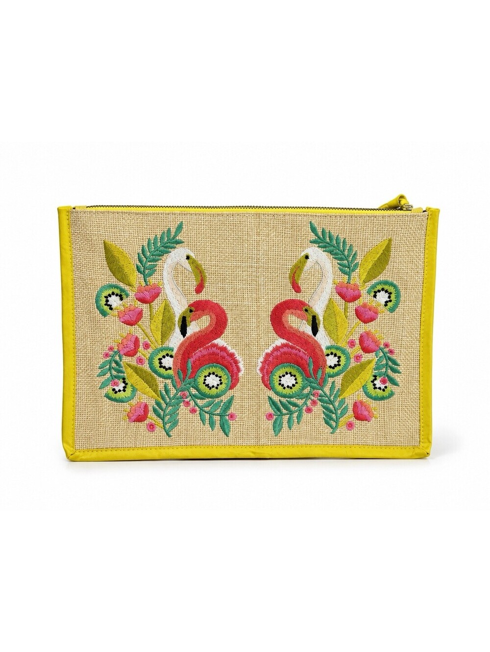 Boden hand-embroidered tropical flamingo canvas pouch